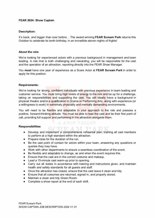 Show Captain Job Description 2024 FEAR Scream Park   Show Captain Job Description 2024 Pdf 496x700 